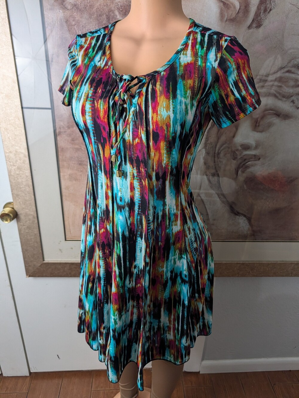 Sami & Jo Boho Abstract Paint Splatter Lace-Up Mini Dress Size P/S